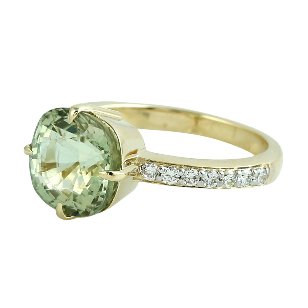 Green Tourmaline Gemstone Pave Diamond Solitaire Ring in 14K Yellow Gold