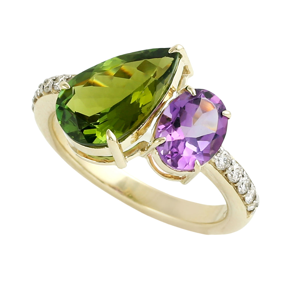 Green Tourmaline & Amethyst Pave Diamond Halo Ring in 14K Yellow Gold