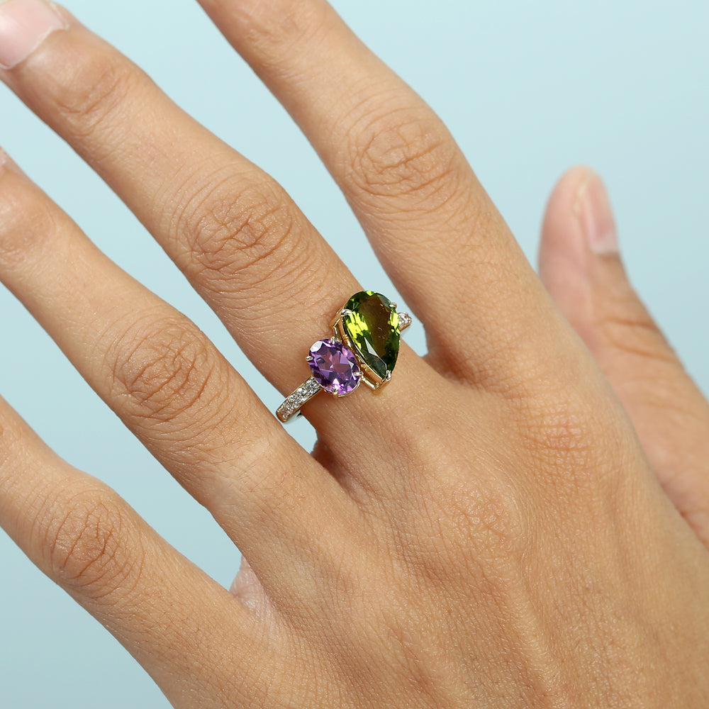 Green Tourmaline & Amethyst Pave Diamond Halo Ring in 14K Yellow Gold