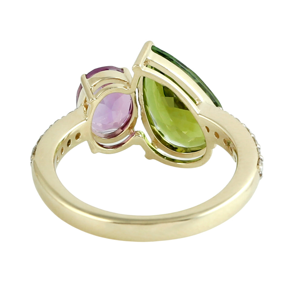 Green Tourmaline & Amethyst Pave Diamond Halo Ring in 14K Yellow Gold