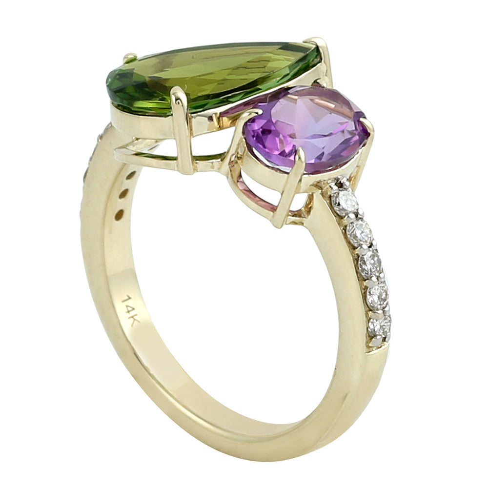 Green Tourmaline & Amethyst Pave Diamond Halo Ring in 14K Yellow Gold