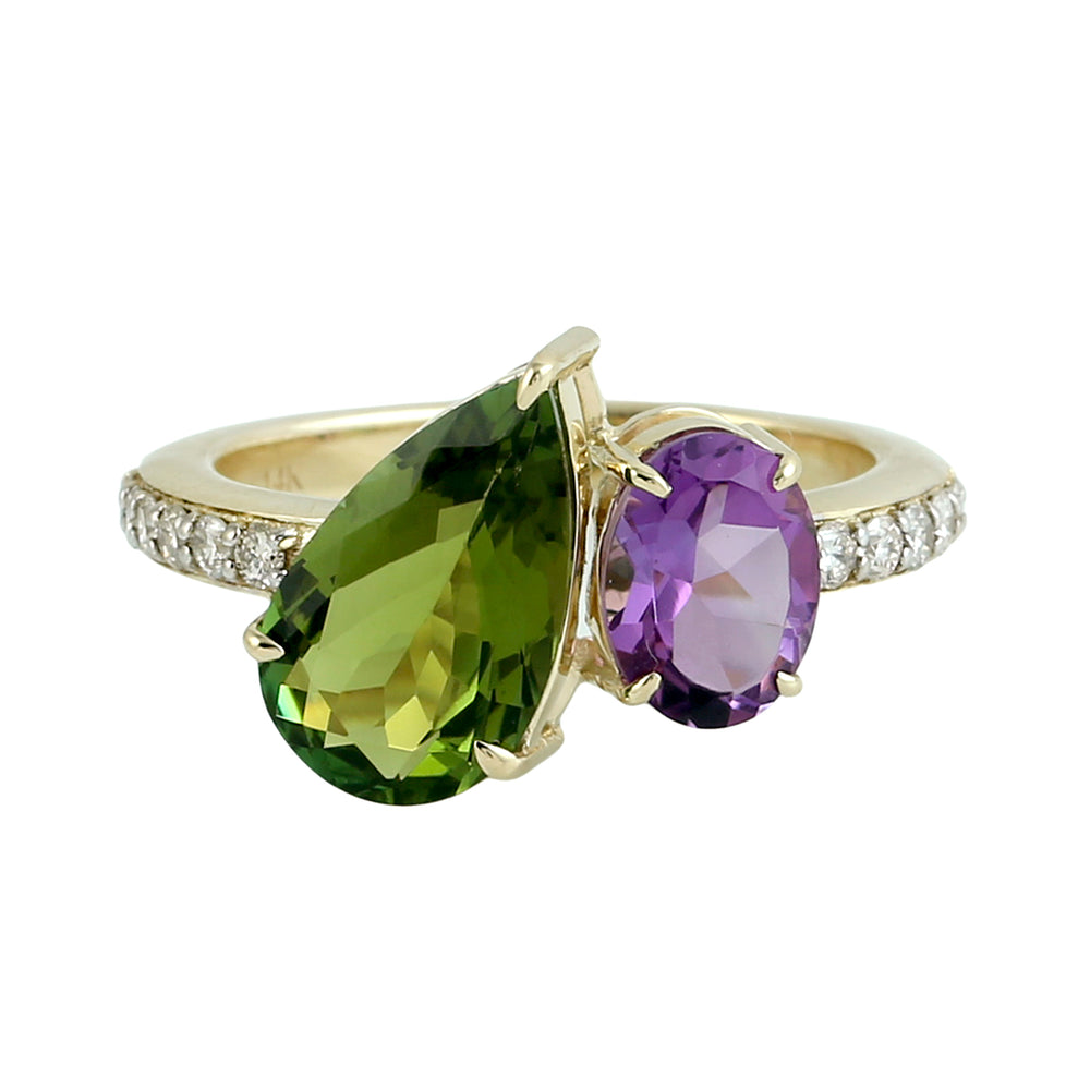 Green Tourmaline & Amethyst Pave Diamond Halo Ring in 14K Yellow Gold