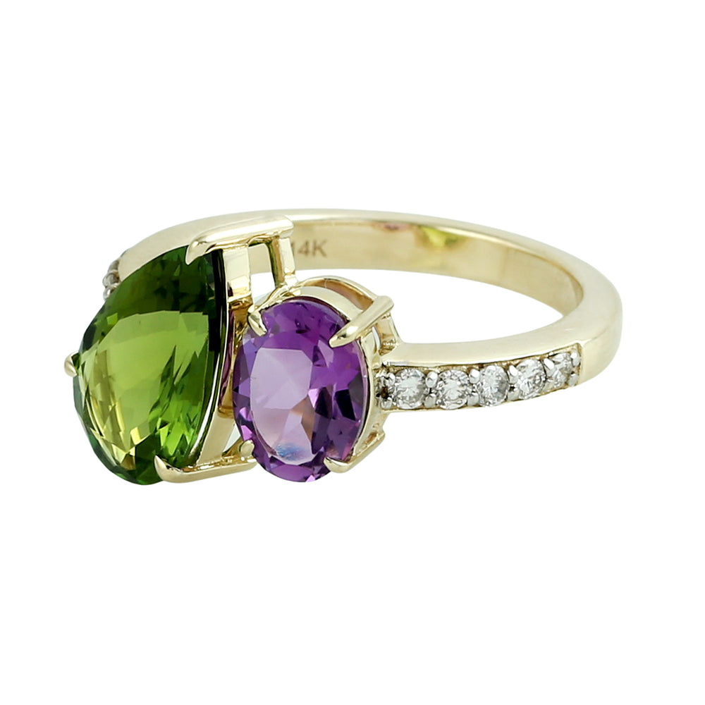 Green Tourmaline & Amethyst Pave Diamond Halo Ring in 14K Yellow Gold