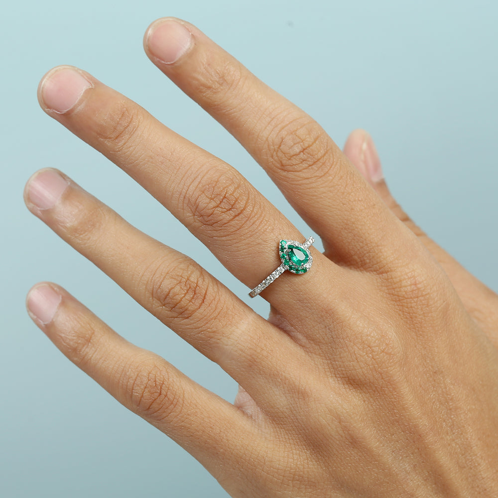 Pear Cut Emerald Gemstone Pave Diamond Solitaire Ring in 14K White Gold