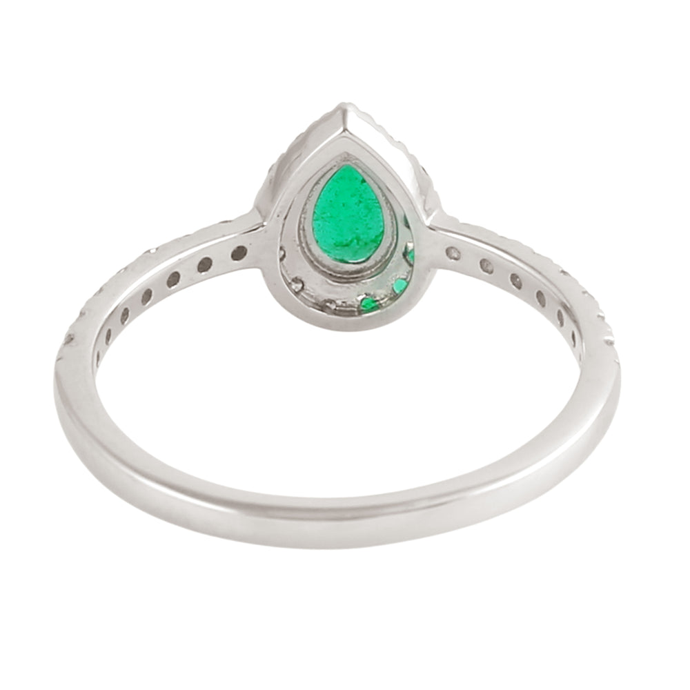 Pear Cut Emerald Gemstone Pave Diamond Solitaire Ring in 14K White Gold