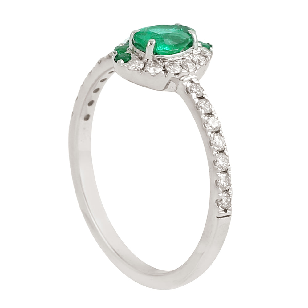 Pear Cut Emerald Gemstone Pave Diamond Solitaire Ring in 14K White Gold