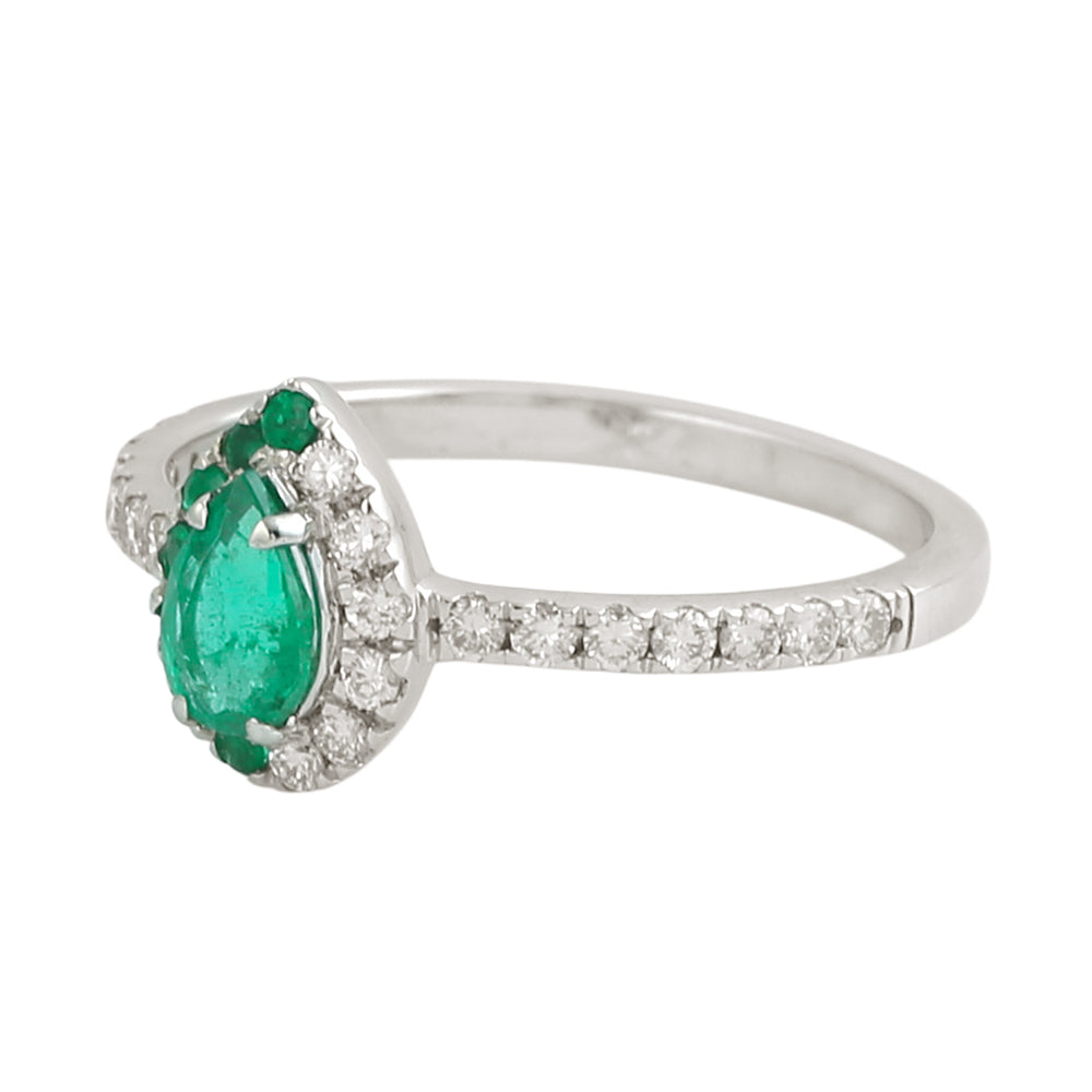 Pear Cut Emerald Gemstone Pave Diamond Solitaire Ring in 14K White Gold