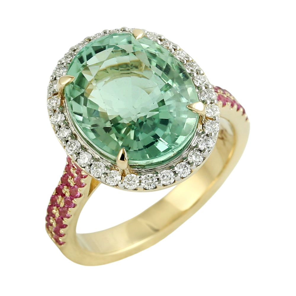 Oval Cut Green Tourmaline & Pink Sapphire Pave Diamond Halo Ring in 14K Yellow Gold