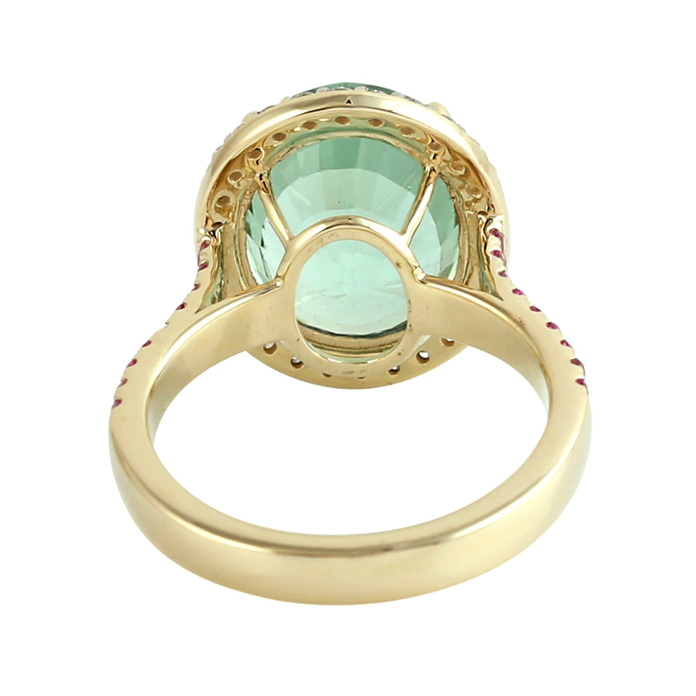 Oval Cut Green Tourmaline & Pink Sapphire Pave Diamond Halo Ring in 14K Yellow Gold