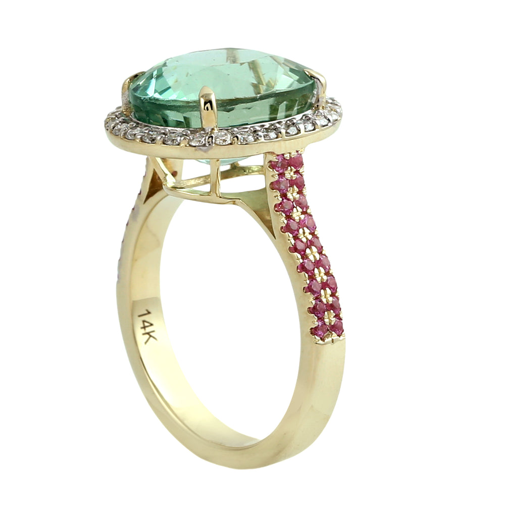 Oval Cut Green Tourmaline & Pink Sapphire Pave Diamond Halo Ring in 14K Yellow Gold