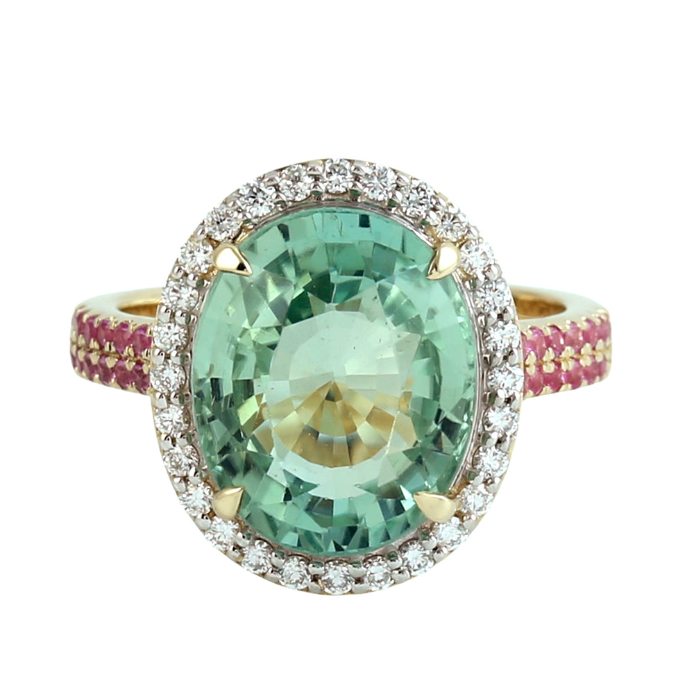 Oval Cut Green Tourmaline & Pink Sapphire Pave Diamond Halo Ring in 14K Yellow Gold