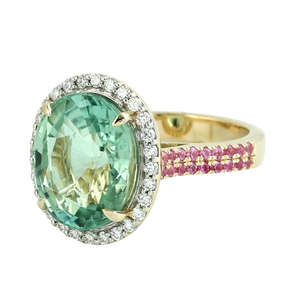 Oval Cut Green Tourmaline & Pink Sapphire Pave Diamond Halo Ring in 14K Yellow Gold