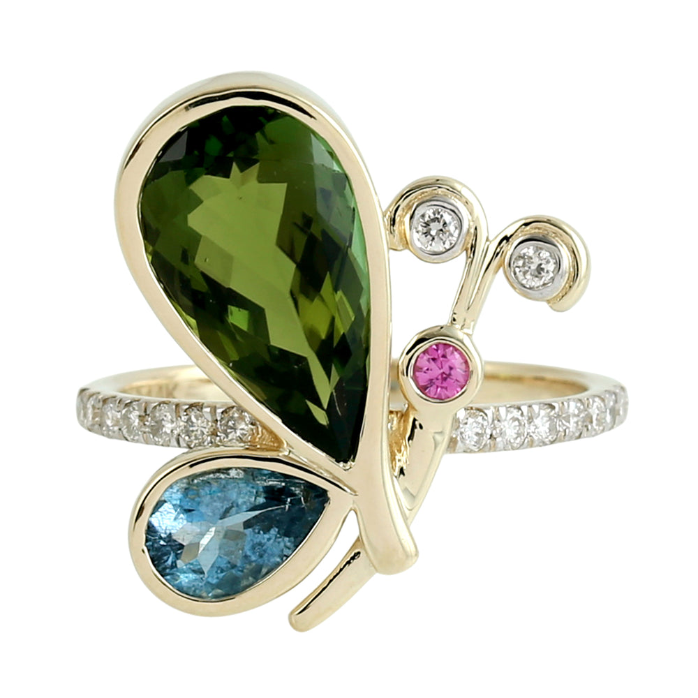 Green Tourmaline, Aquamarine & Pink Sapphire Pave Diamond Butterfly Ring in 14K Yellow Gold
