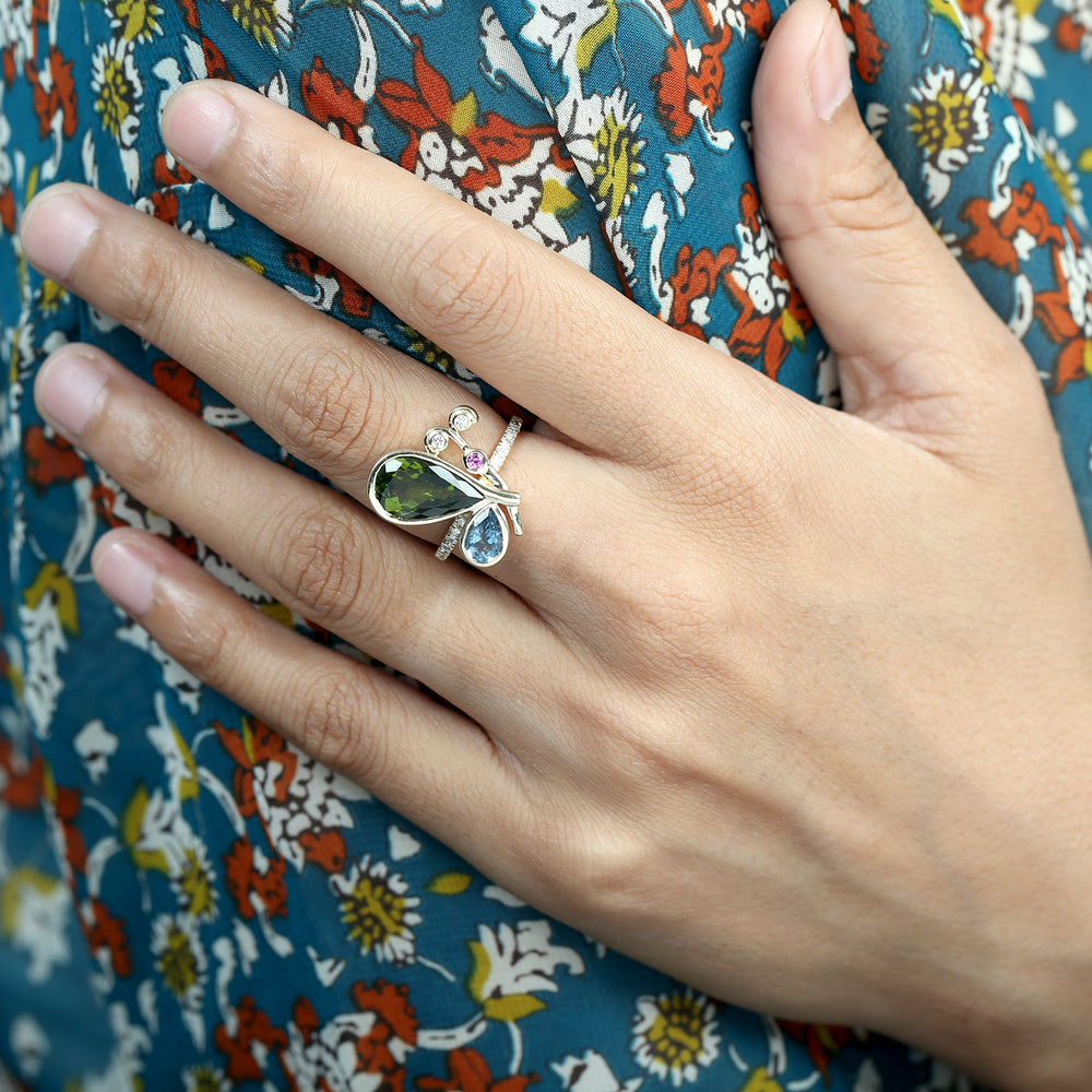 Green Tourmaline, Aquamarine & Pink Sapphire Pave Diamond Butterfly Ring in 14K Yellow Gold