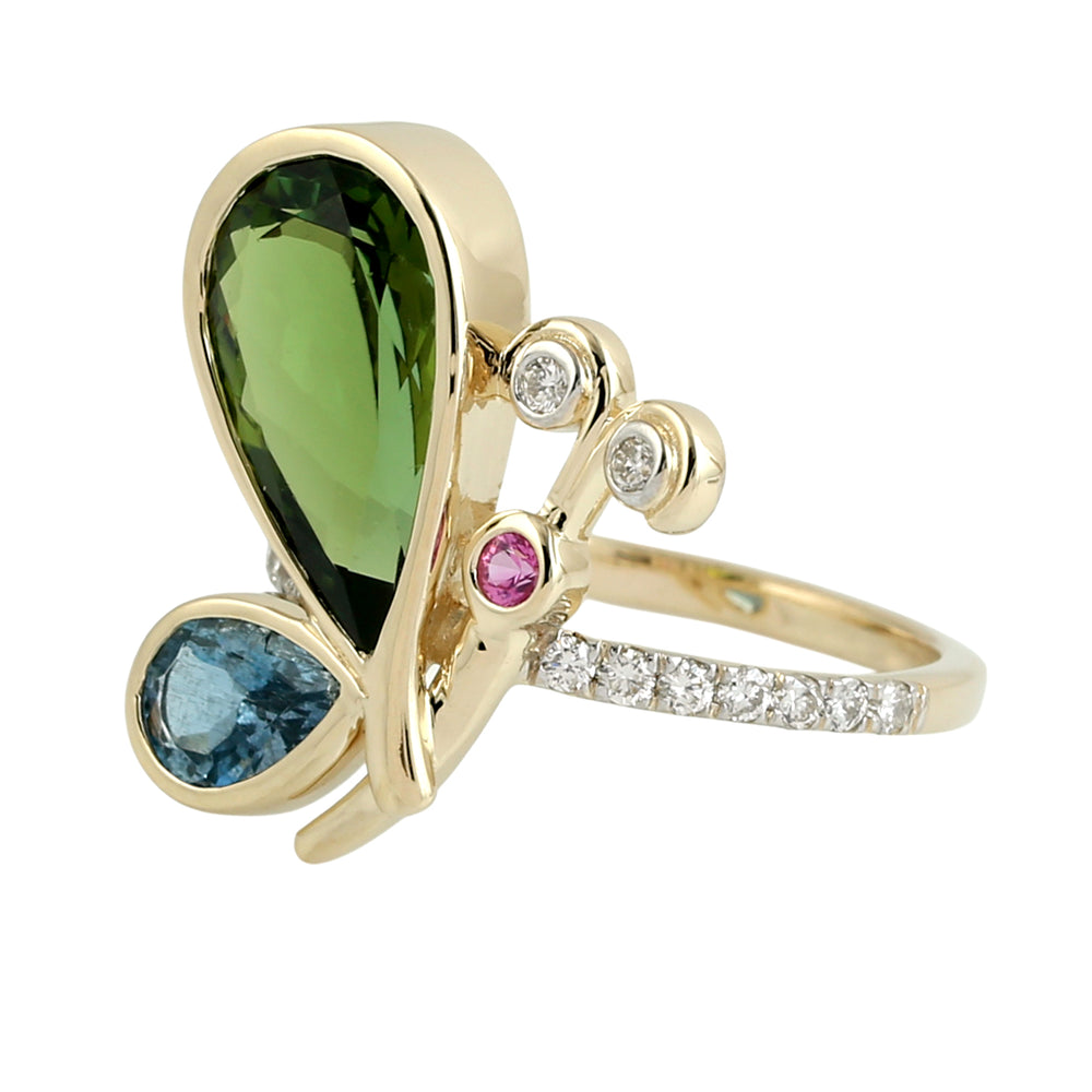 Green Tourmaline, Aquamarine & Pink Sapphire Pave Diamond Butterfly Ring in 14K Yellow Gold