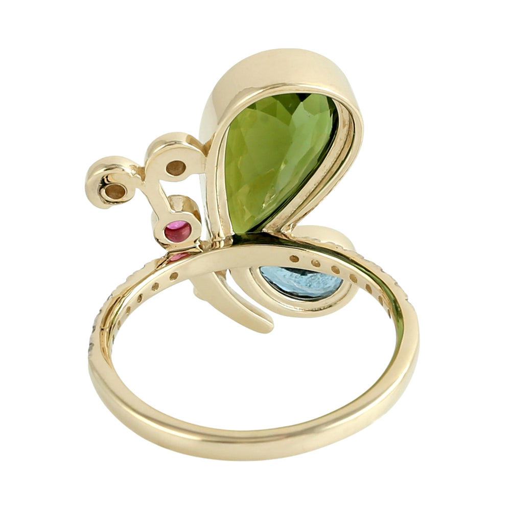 Green Tourmaline, Aquamarine & Pink Sapphire Pave Diamond Butterfly Ring in 14K Yellow Gold