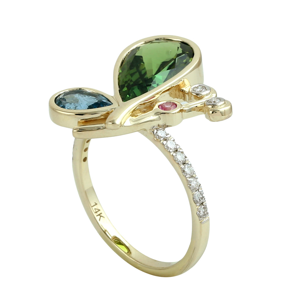 Green Tourmaline, Aquamarine & Pink Sapphire Pave Diamond Butterfly Ring in 14K Yellow Gold