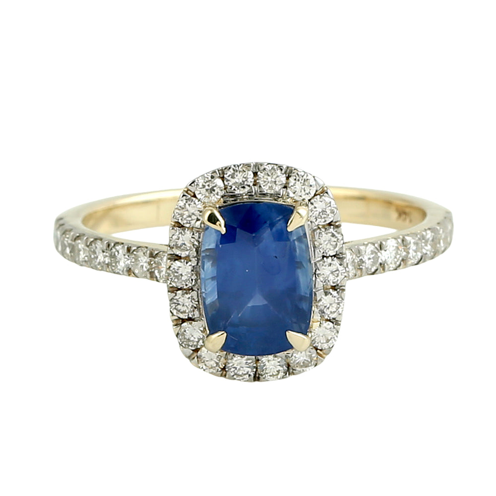 Cushion Cut Blue Sapphire & Diamond Halo Engagement Ring in 14K Yellow Gold