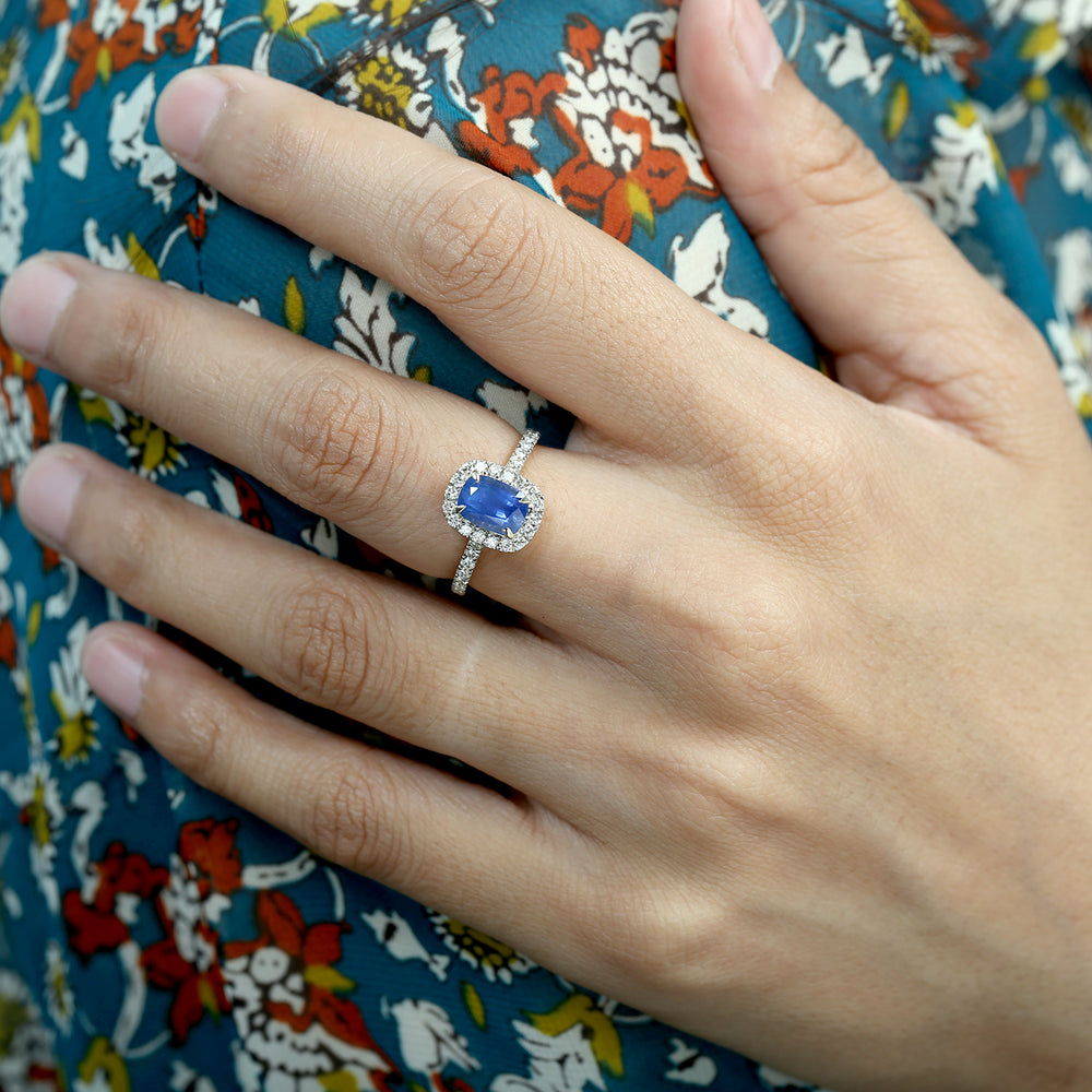 Cushion Cut Blue Sapphire & Diamond Halo Engagement Ring in 14K Yellow Gold