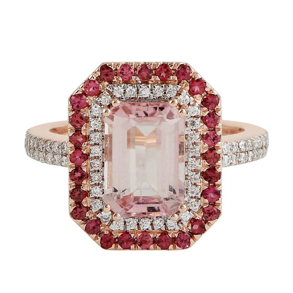 Emerald Cut Tourmaline & Diamond Double Halo Ring in 14K Rose Gold