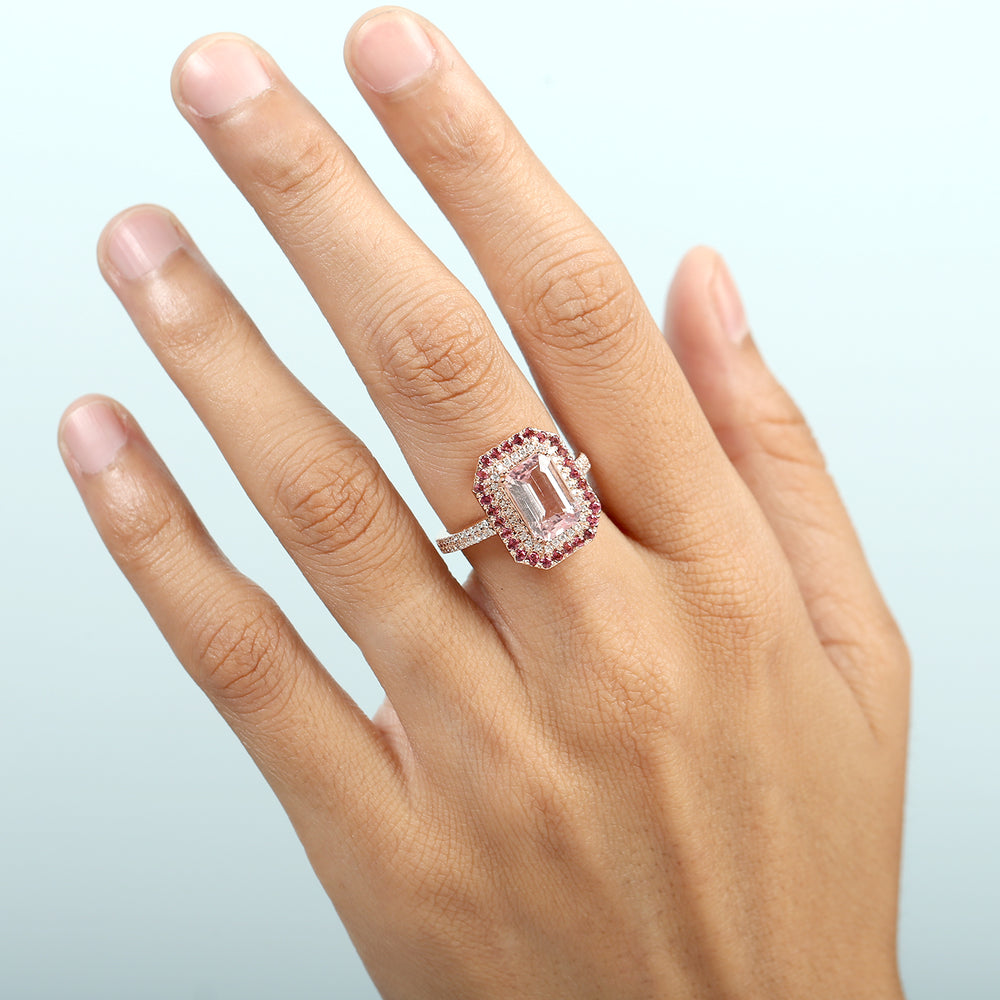 Emerald Cut Tourmaline & Diamond Double Halo Ring in 14K Rose Gold