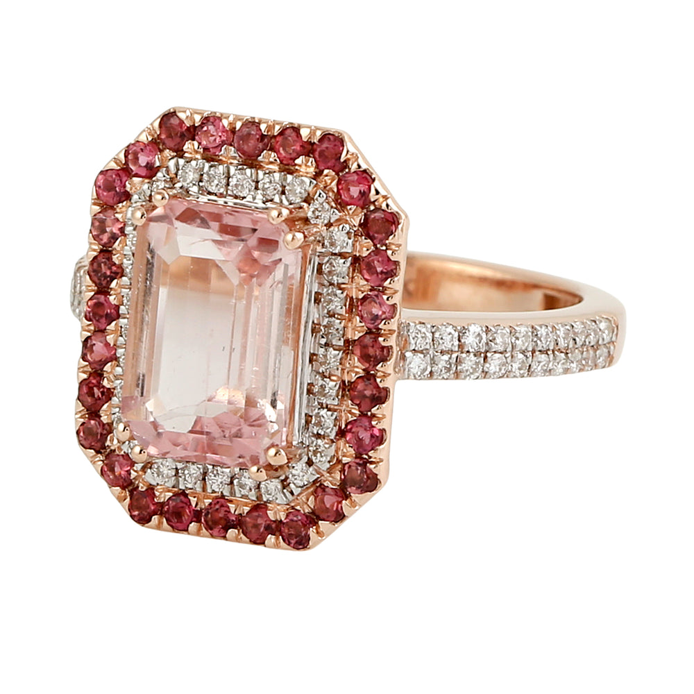 Emerald Cut Tourmaline & Diamond Double Halo Ring in 14K Rose Gold