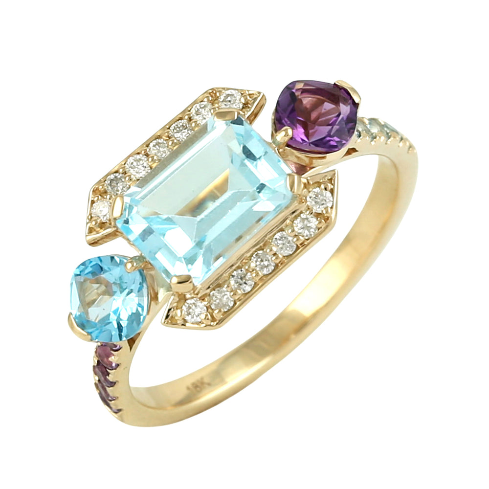 Blue Topaz & Amethyst Gemstone Pavé Diamond Designer Ring in 18K Yellow Gold
