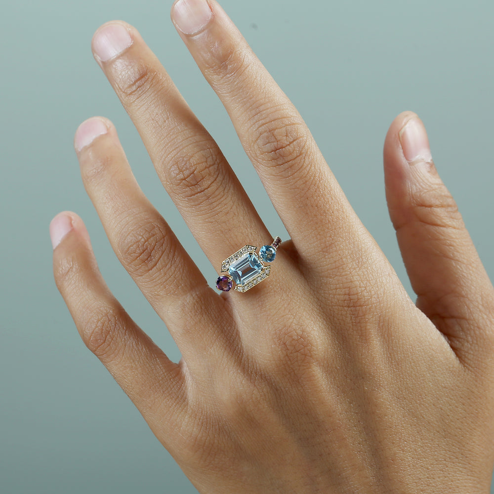 Blue Topaz & Amethyst Gemstone Pavé Diamond Designer Ring in 18K Yellow Gold