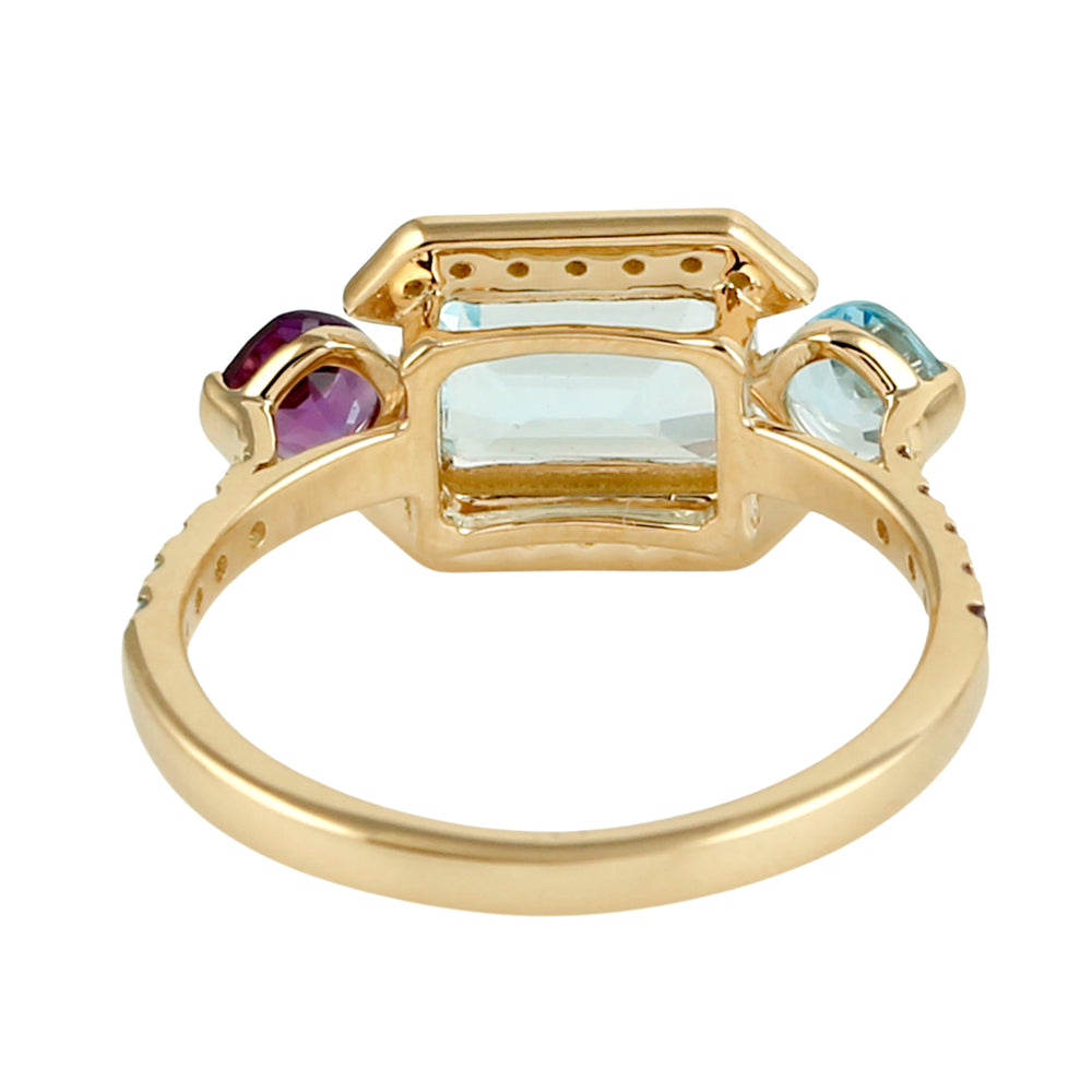 Blue Topaz & Amethyst Gemstone Pavé Diamond Designer Ring in 18K Yellow Gold