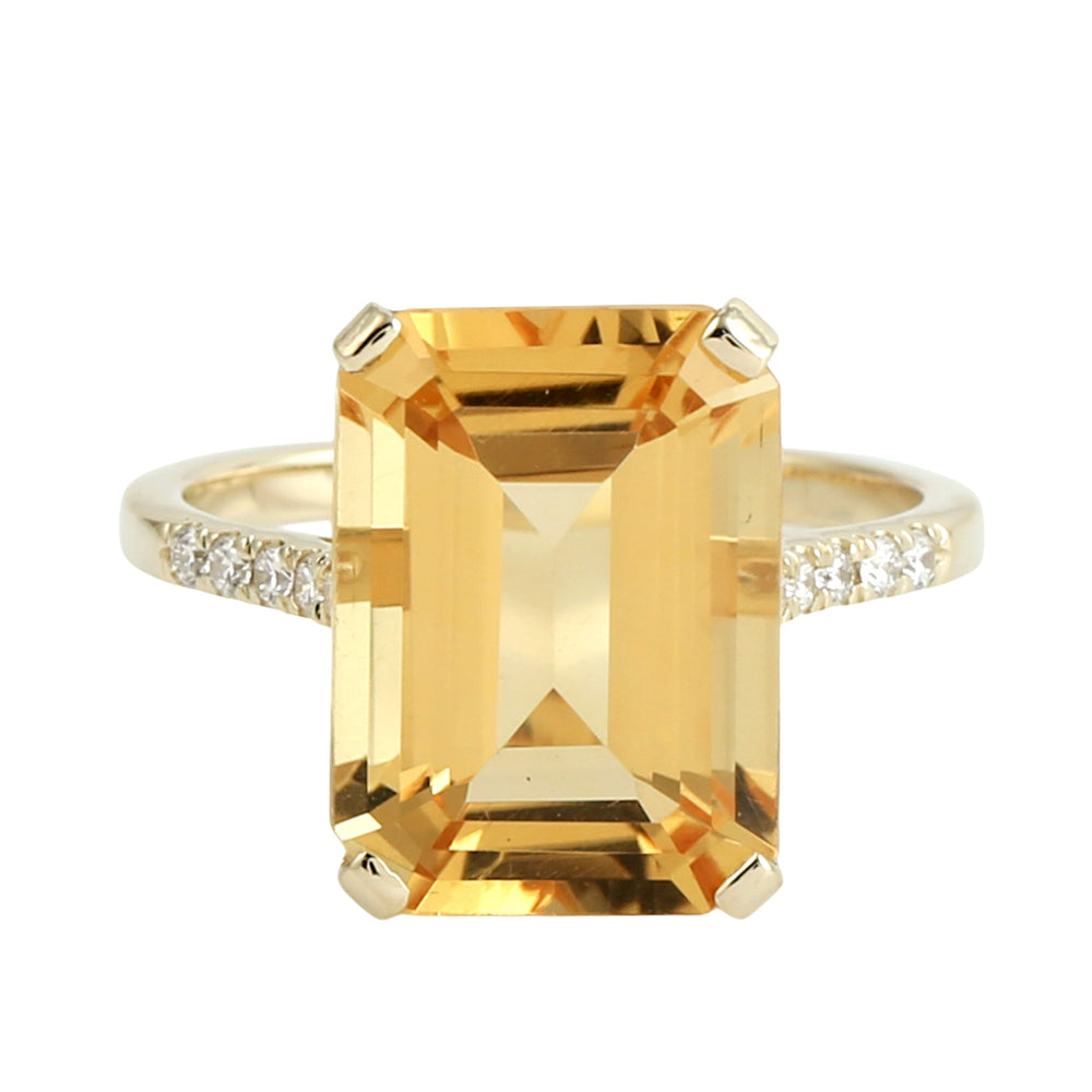 Emerald Cut Citrine & Diamond Cocktail Ring in 14K Yellow Gold