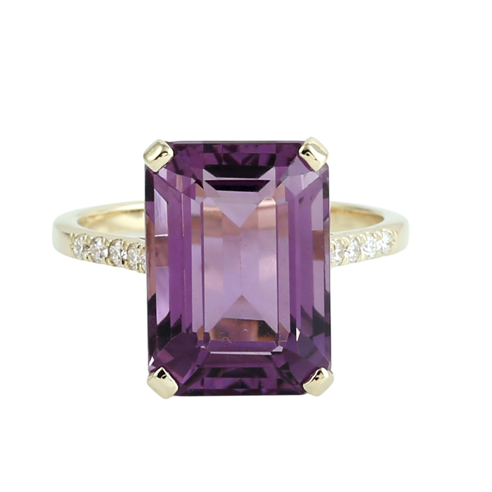 Emerald Cut Amethyst Pave Diamond Cocktail Ring in 14K Yellow Gold