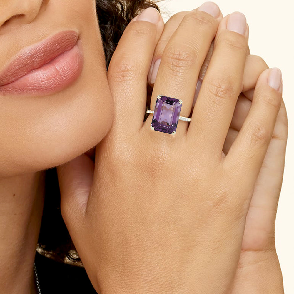 Emerald Cut Amethyst Pave Diamond Cocktail Ring in 14K Yellow Gold