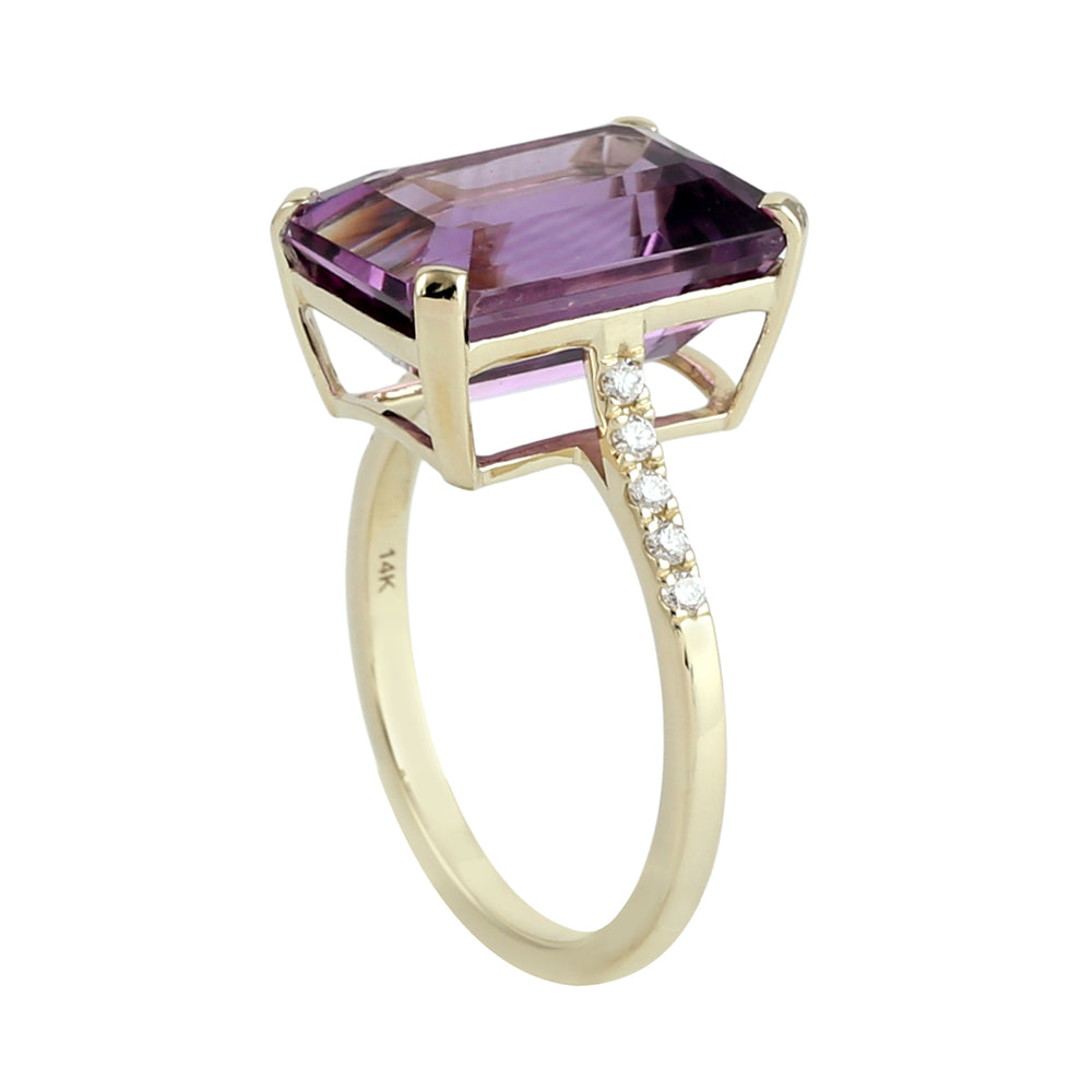 Emerald Cut Amethyst Pave Diamond Cocktail Ring in 14K Yellow Gold