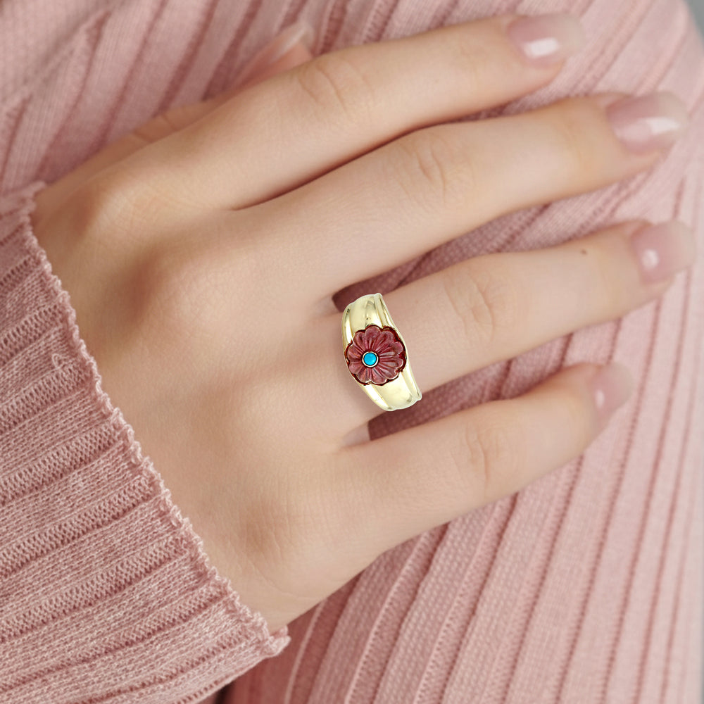 Carved Pink Tourmaline & Turquoise Gemstone Designer Ring in 14K Yellow Gold