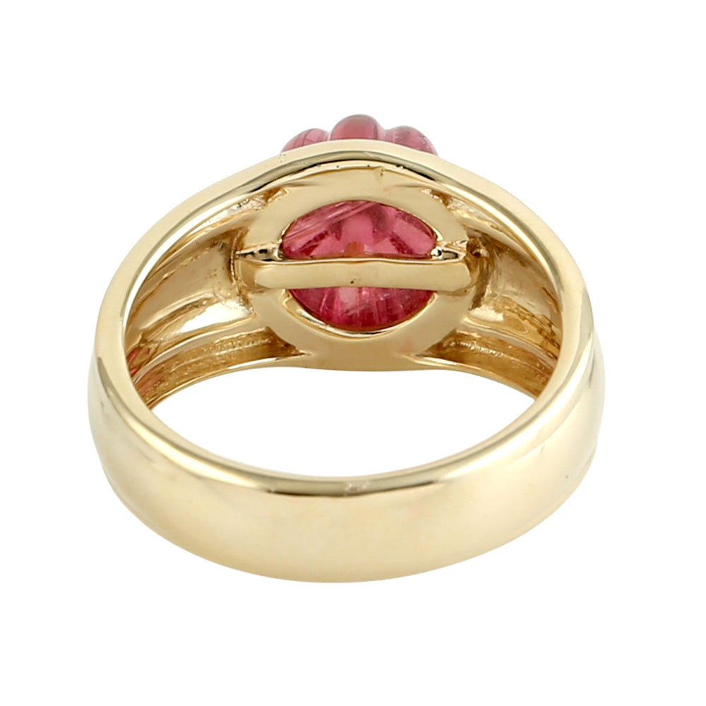 Carved Pink Tourmaline & Turquoise Gemstone Designer Ring in 14K Yellow Gold