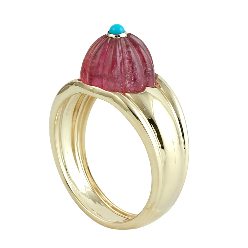Carved Pink Tourmaline & Turquoise Gemstone Designer Ring in 14K Yellow Gold