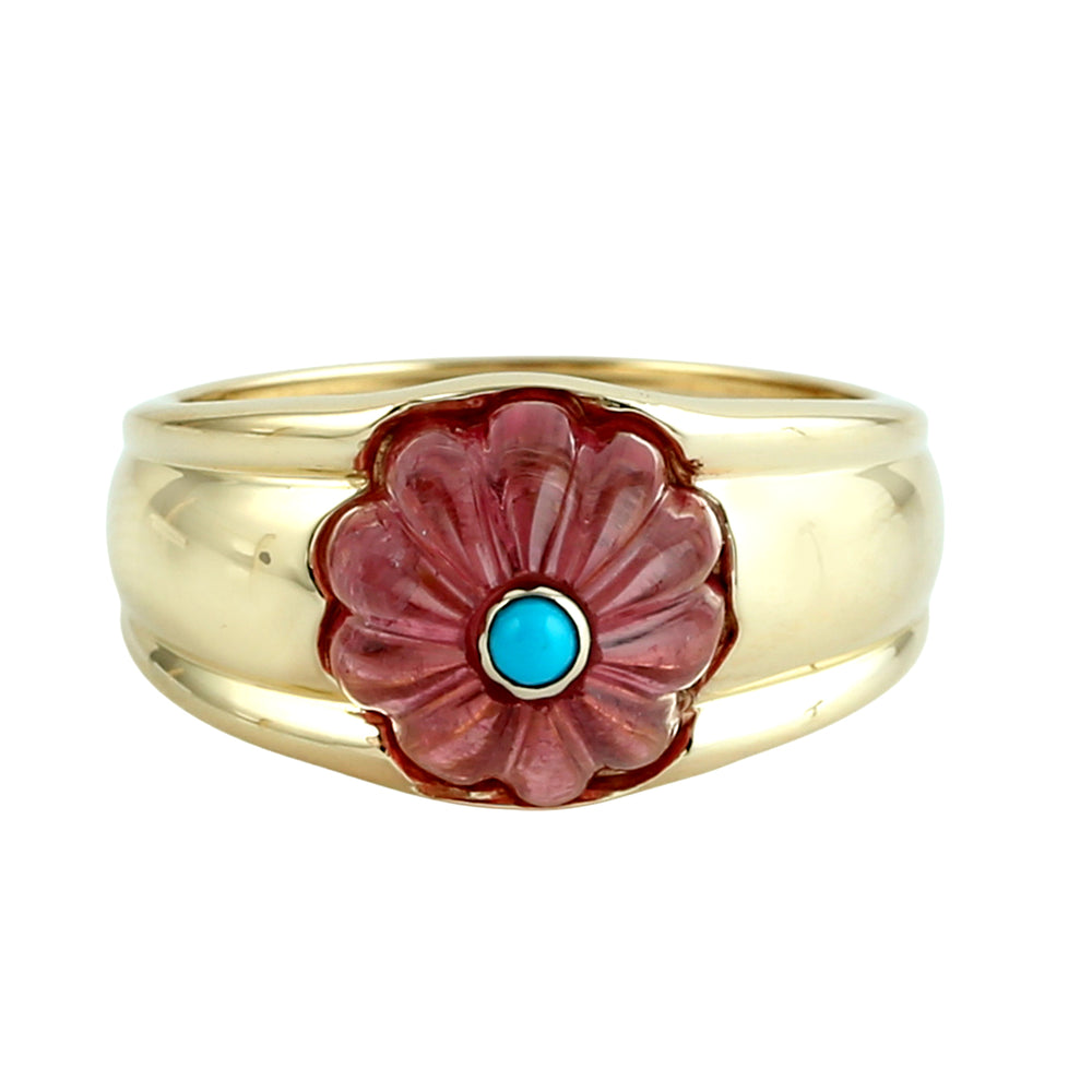 Carved Pink Tourmaline & Turquoise Gemstone Designer Ring in 14K Yellow Gold