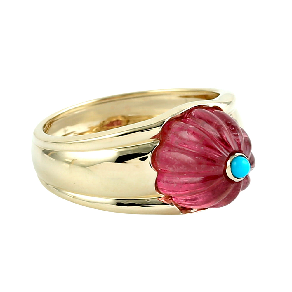 Carved Pink Tourmaline & Turquoise Gemstone Designer Ring in 14K Yellow Gold