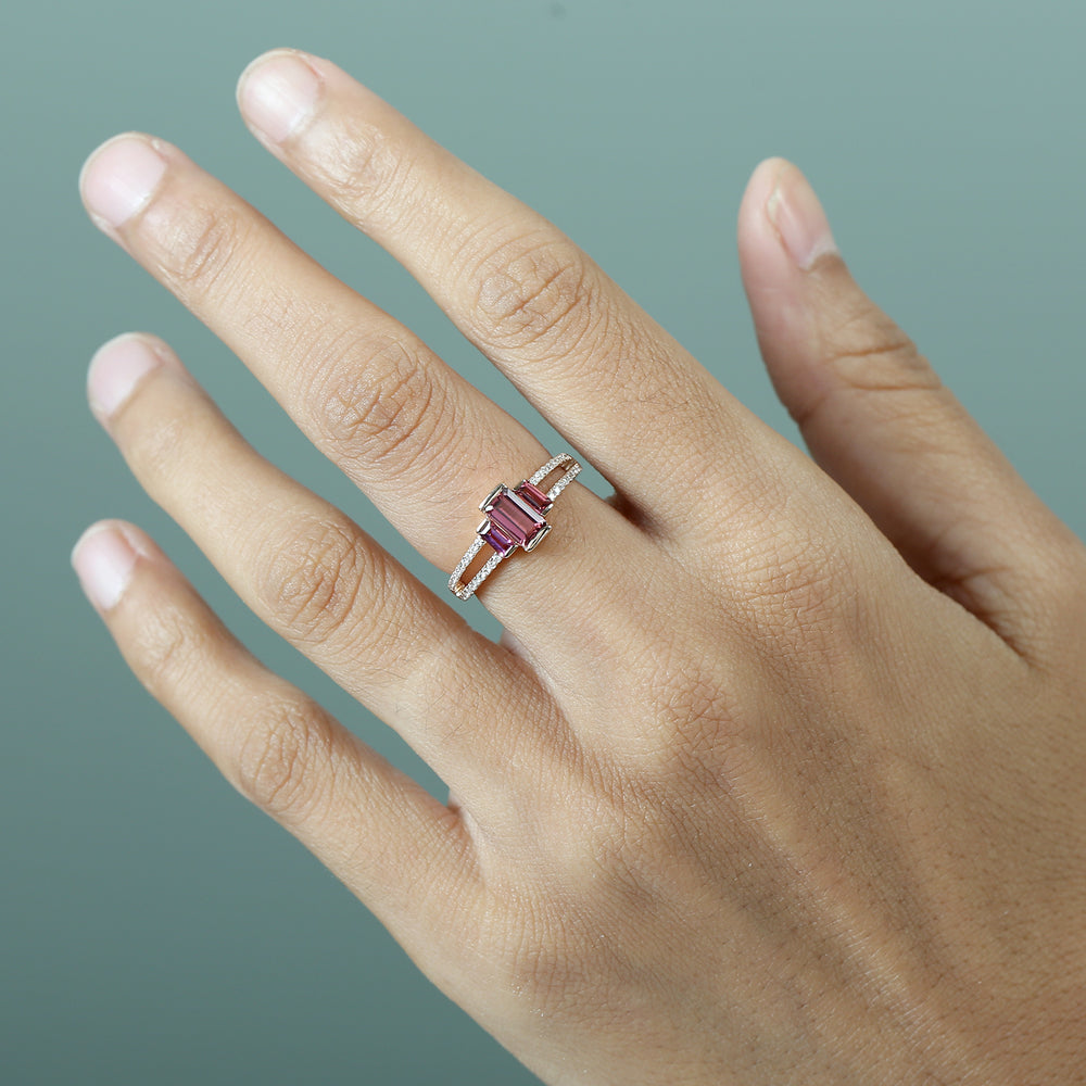 Baguette Cut Pink Tourmaline Pave Diamond Designer Ring in 18K Rose Gold
