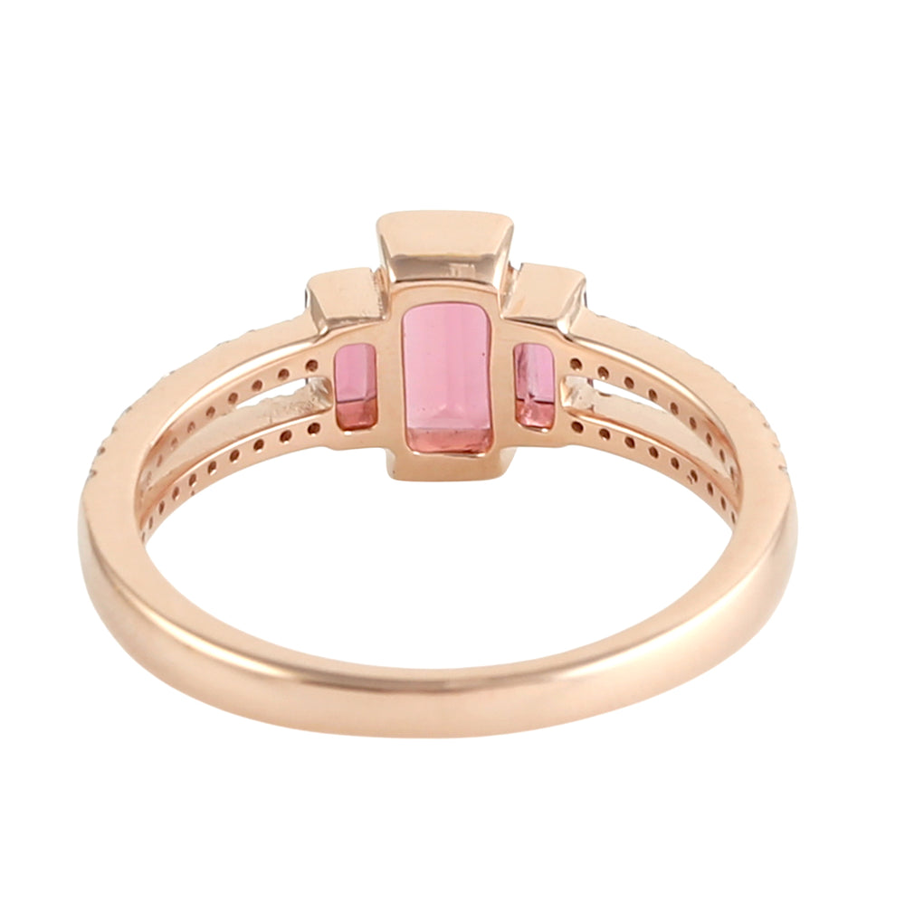 Baguette Cut Pink Tourmaline Pave Diamond Designer Ring in 18K Rose Gold