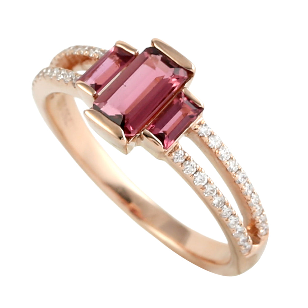 Baguette Cut Pink Tourmaline Pave Diamond Designer Ring in 18K Rose Gold