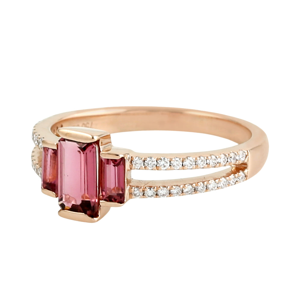 Baguette Cut Pink Tourmaline Pave Diamond Designer Ring in 18K Rose Gold