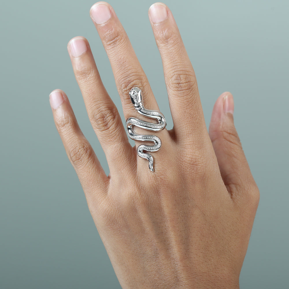 Pave Diamond Snake Wrap Long Ring in 18K White Gold