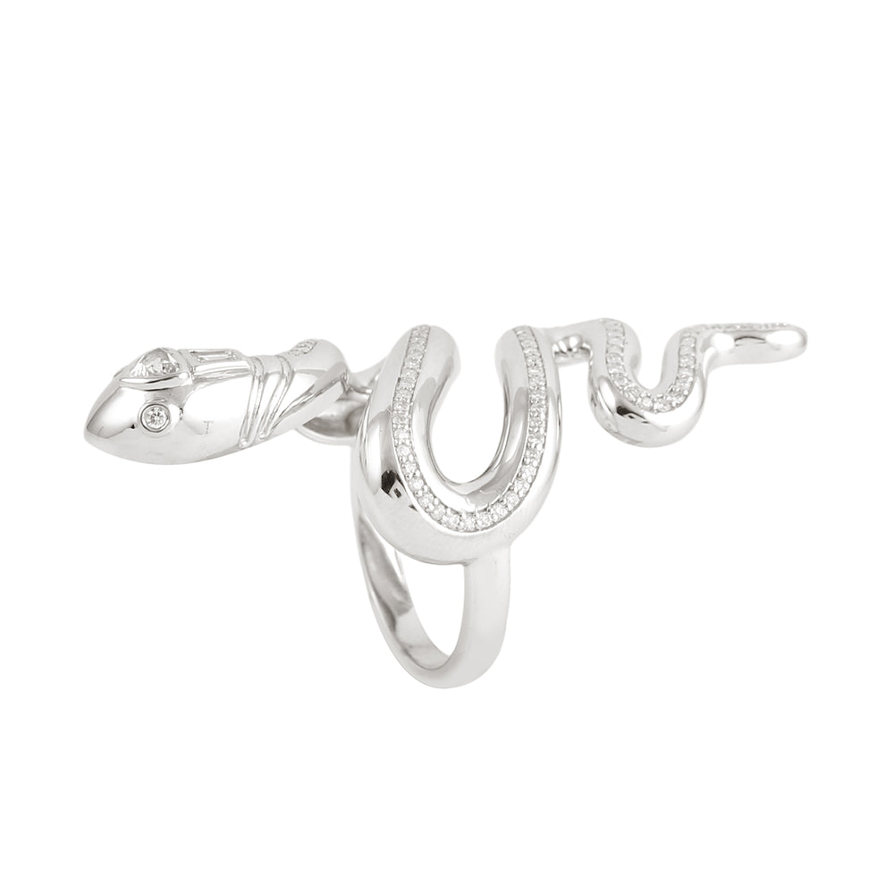 Pave Diamond Snake Wrap Long Ring in 18K White Gold