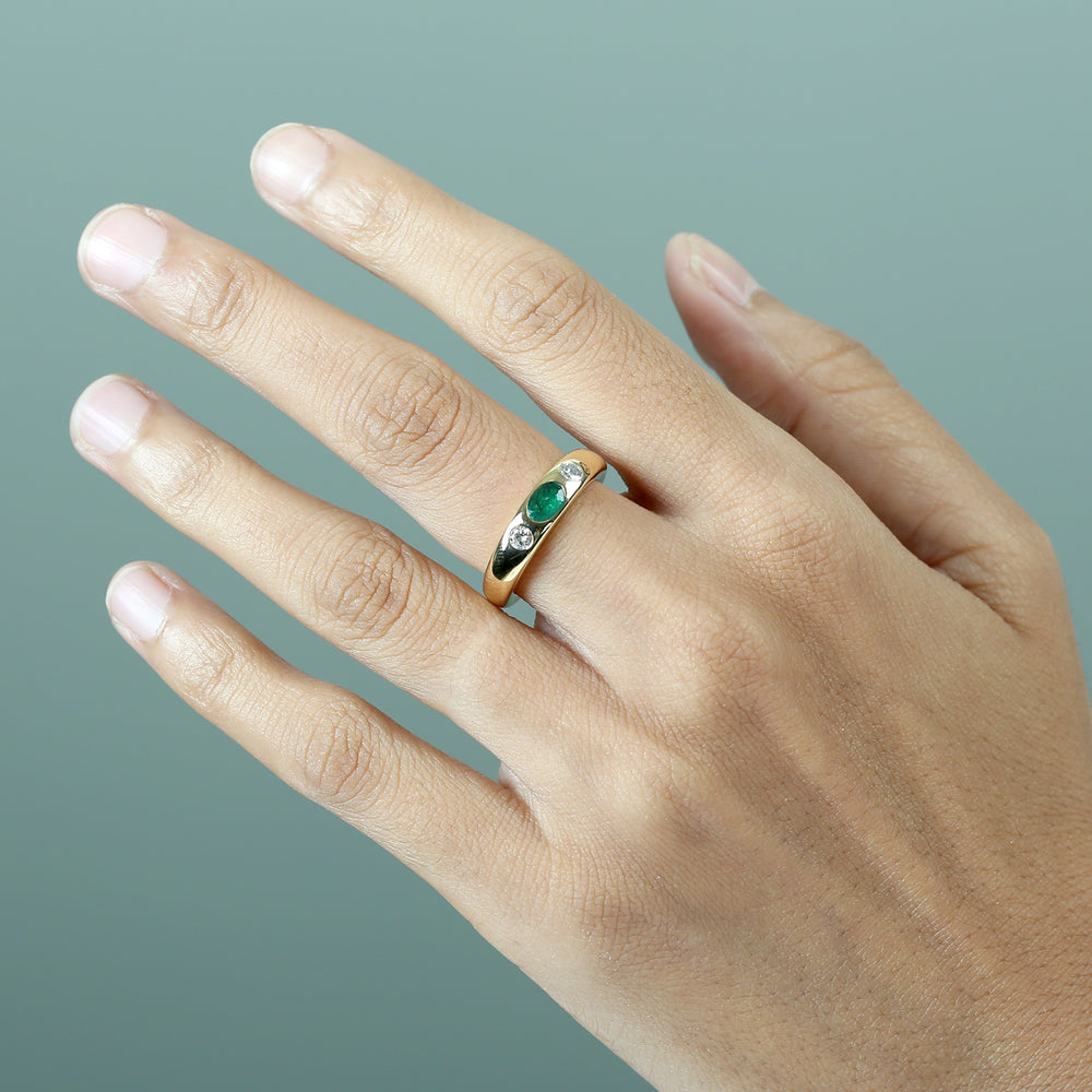 Oval Emerald & Diamond Three-Stone Ring in 18K Yellow Gold
