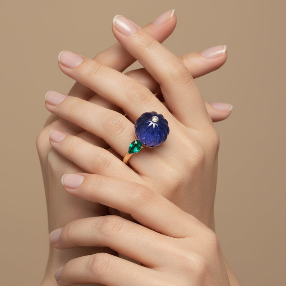 Carved Tanzanite & Emerald Gemstone Diamond Cocktail Ring in 14K Yellow Gold