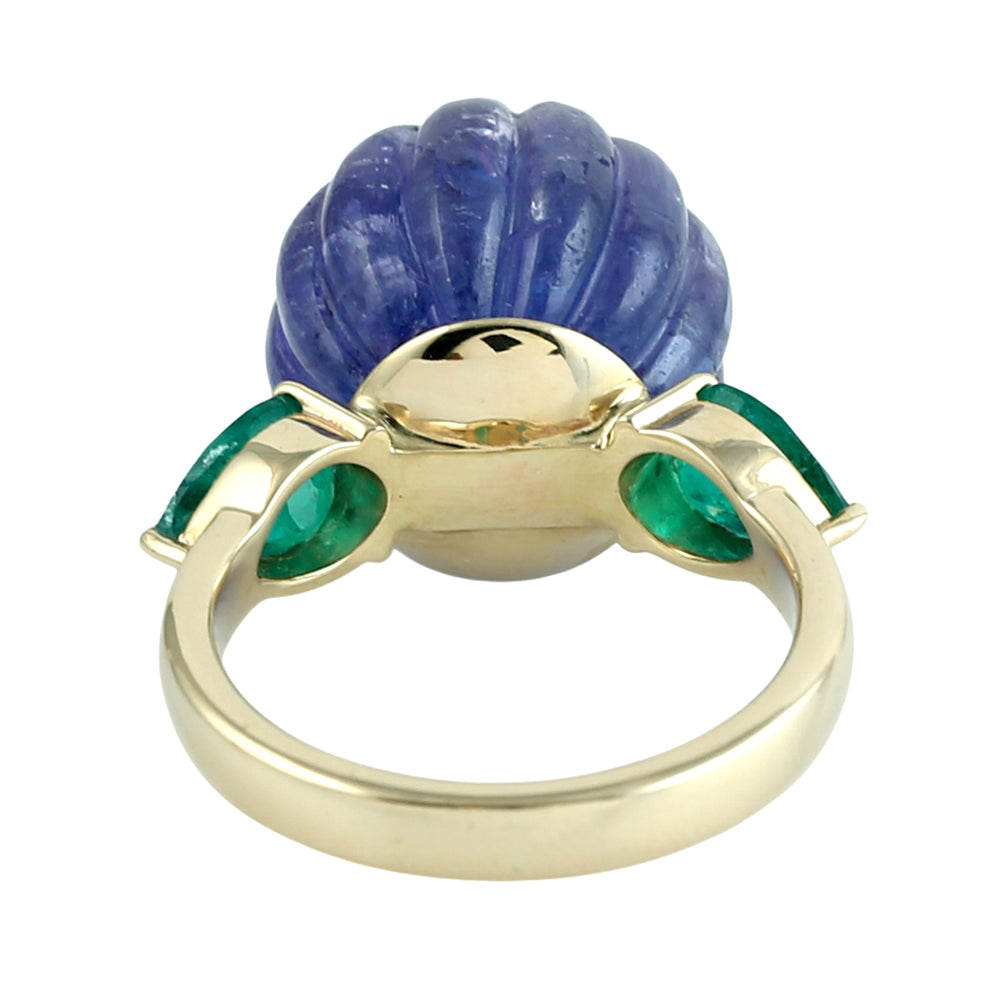 Carved Tanzanite & Emerald Gemstone Diamond Cocktail Ring in 14K Yellow Gold