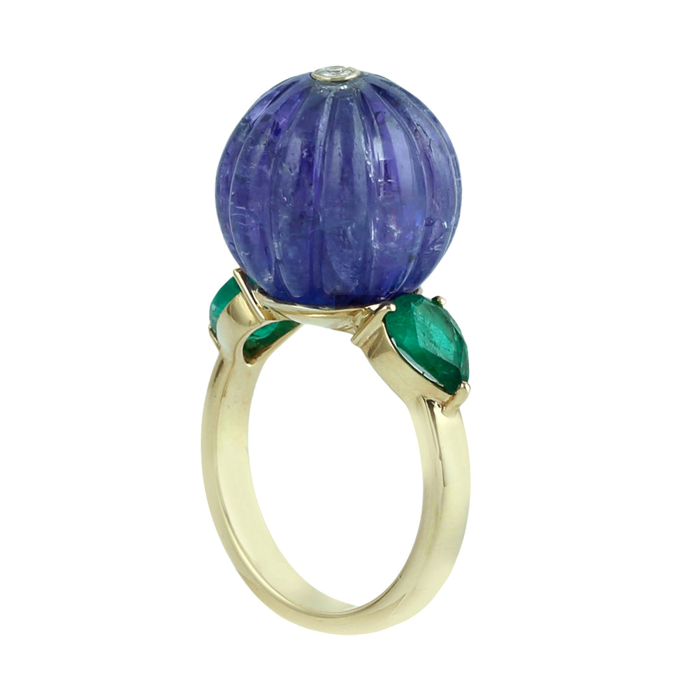 Carved Tanzanite & Emerald Gemstone Diamond Cocktail Ring in 14K Yellow Gold