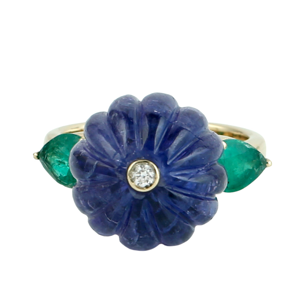 Carved Tanzanite & Emerald Gemstone Diamond Cocktail Ring in 14K Yellow Gold