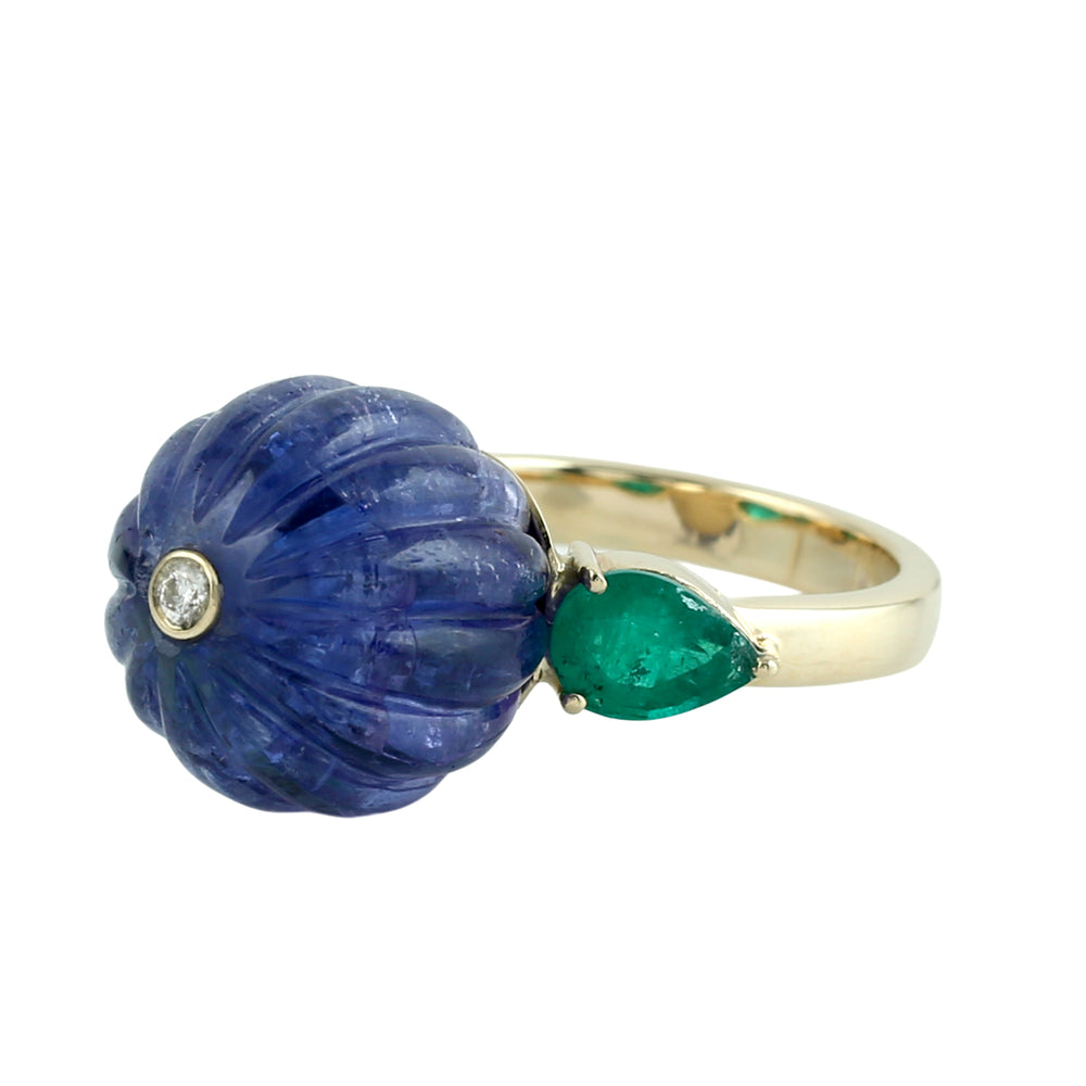 Carved Tanzanite & Emerald Gemstone Diamond Cocktail Ring in 14K Yellow Gold